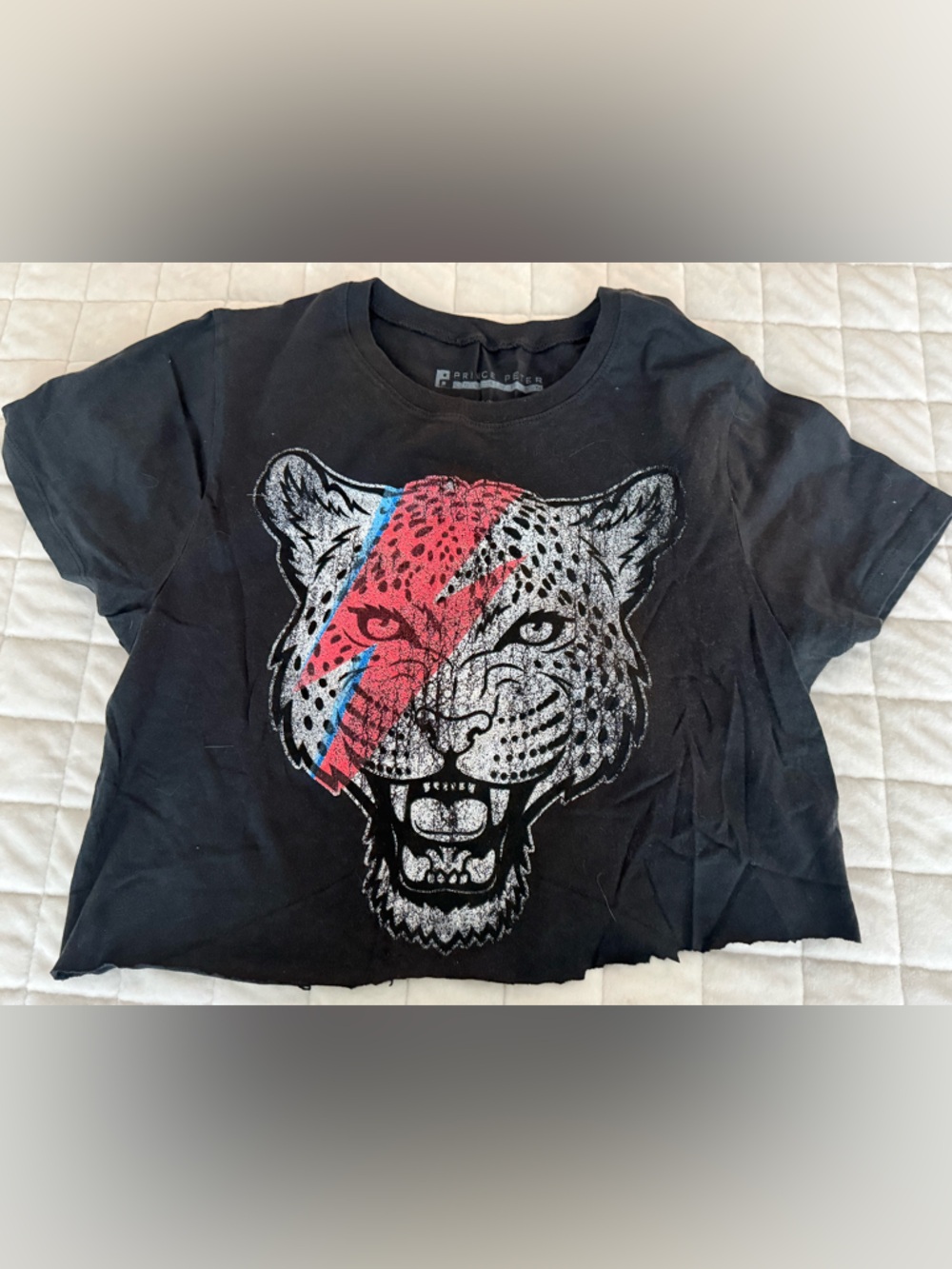Prince Peter Collection Black Women’s Tee with Red and Blue Leopard Graphic